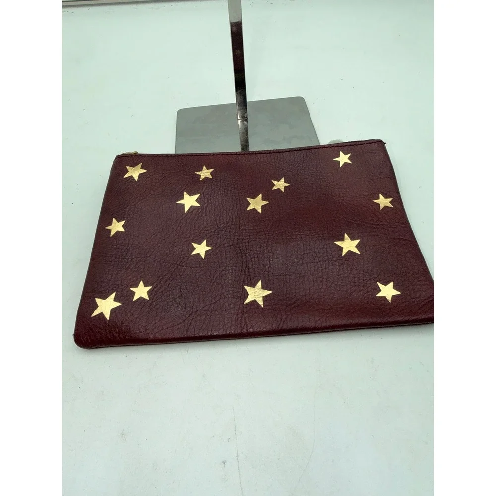 Madewell Burgundy Leather Star Pouch Zip Clutch Bag Gold Foil Celestial